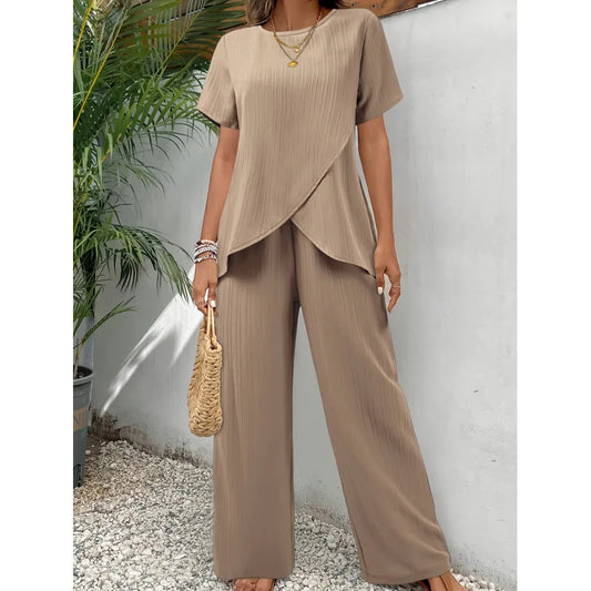 Lorrina Elegant Soft Two-Piece Set | Asymmetrical Blouse and Relaxed Pants