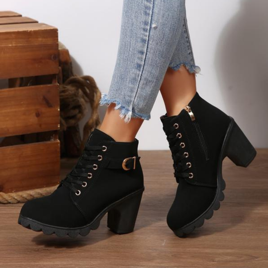 Katni | Chic Lace-Up Metal Buckle Chunky Ankle Boots