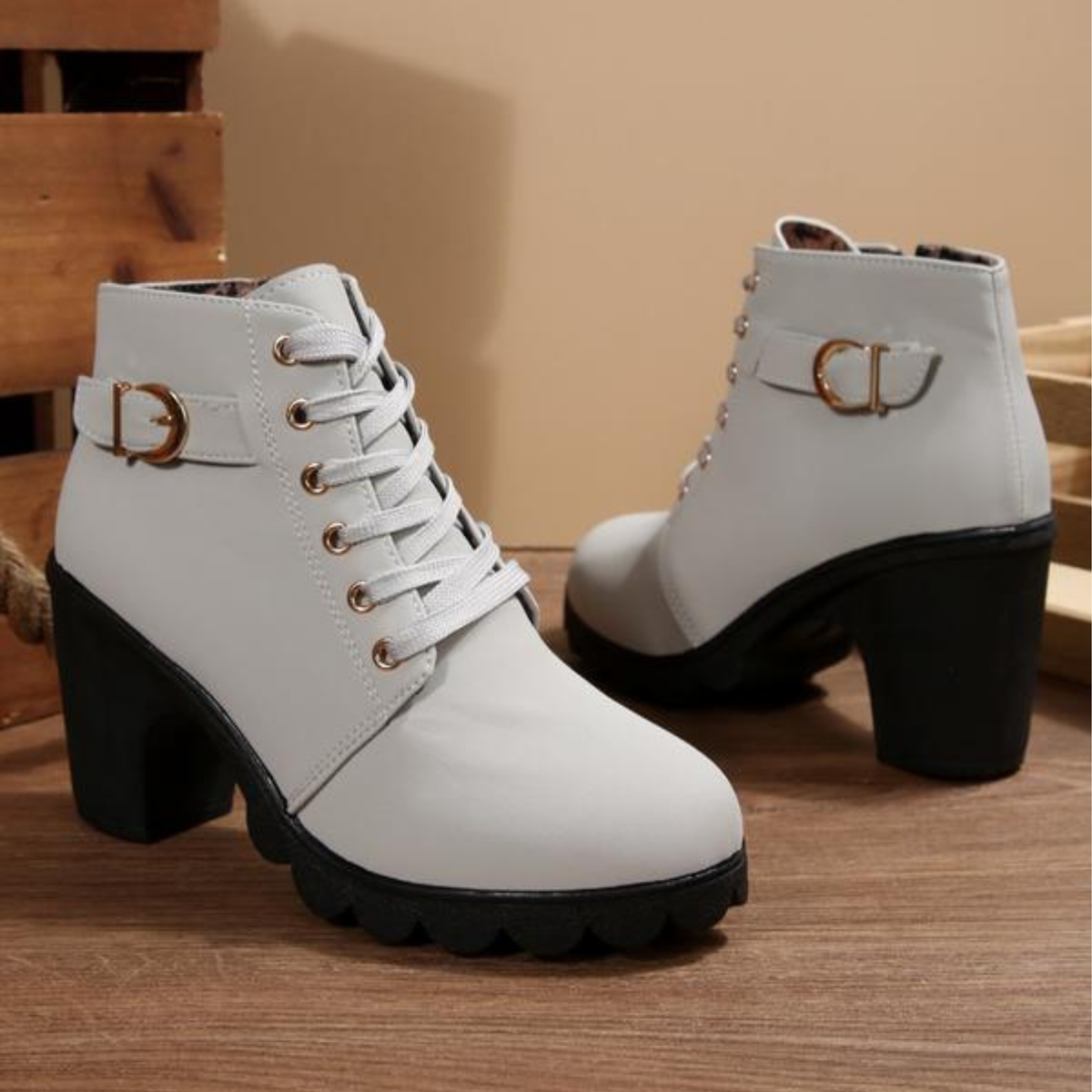 Katni | Chic Lace-Up Metal Buckle Chunky Ankle Boots