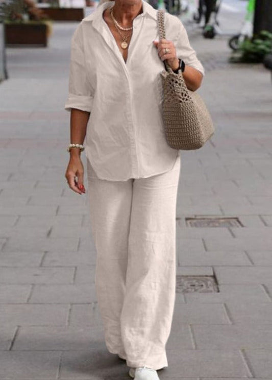Denice Elegant Casual Two Piece Set | Relaxed Button-Up Top and Wide-Leg Trousers
