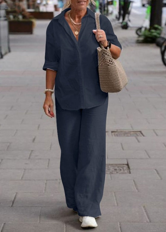 Denice Elegant Casual Two Piece Set | Relaxed Button-Up Top and Wide-Leg Trousers