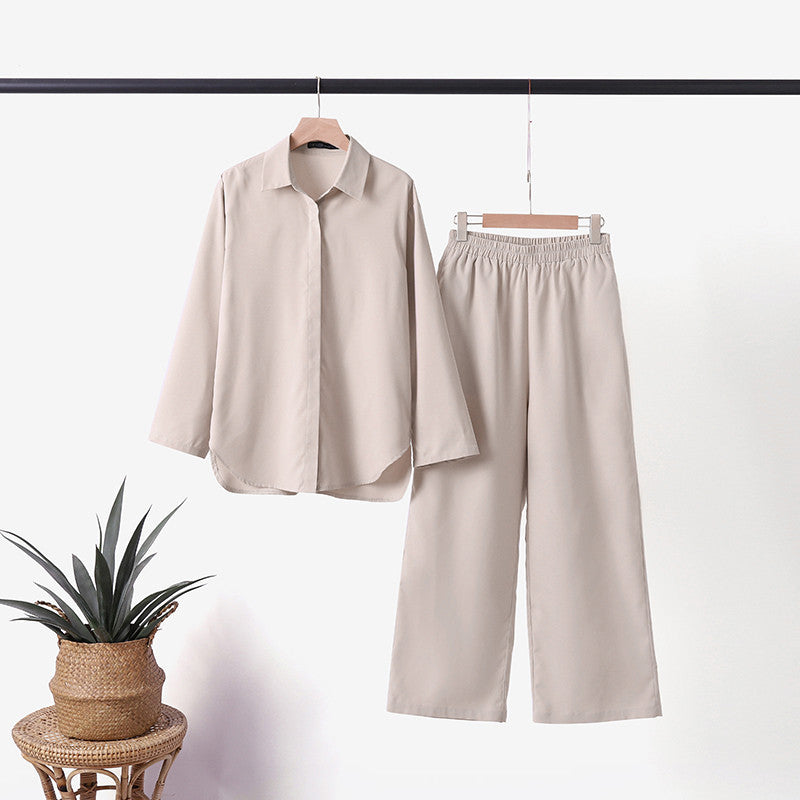 Denice Elegant Casual Two Piece Set | Relaxed Button-Up Top and Wide-Leg Trousers