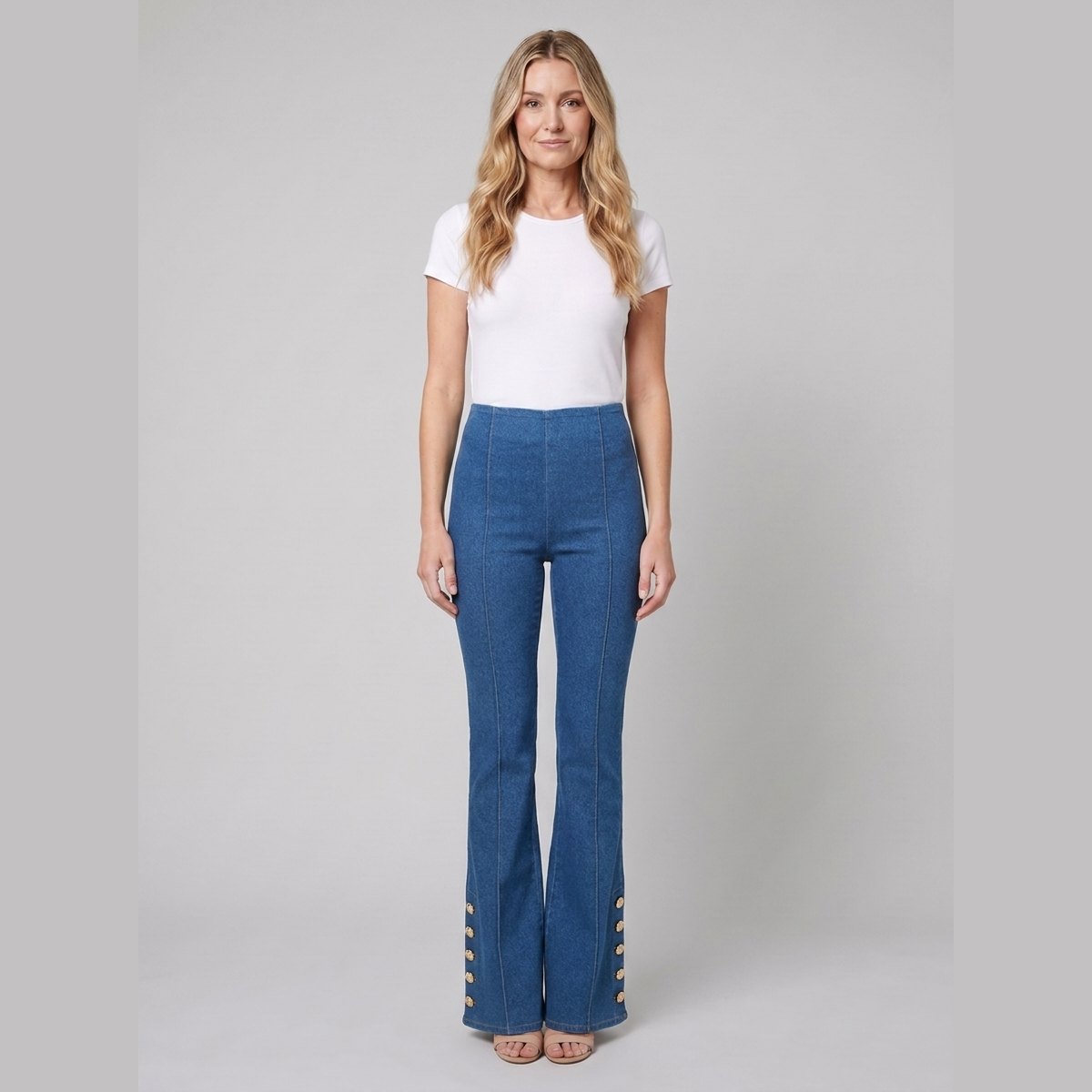 Kendra Flare Pants | Mid-Wash Stretch Denim, Flared Leg