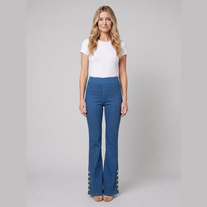 Kendra Flare Pants | Mid-Wash Stretch Denim, Flared Leg