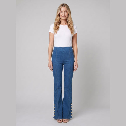 Kendra Flare Pants | Mid-Wash Stretch Denim, Flared Leg