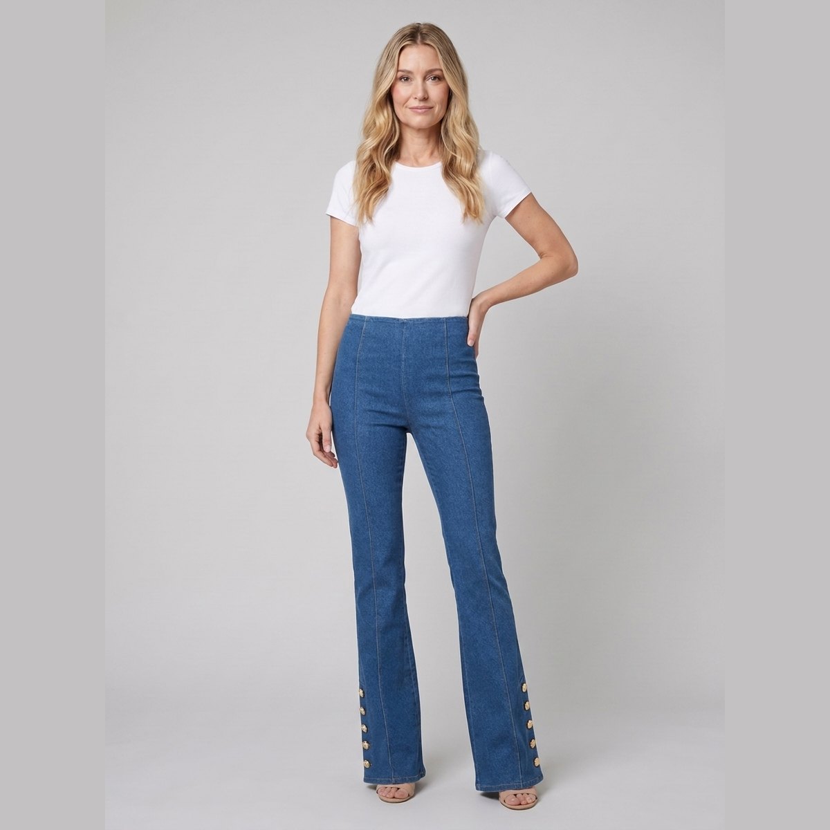 Kendra Flare Pants | Mid-Wash Stretch Denim, Flared Leg