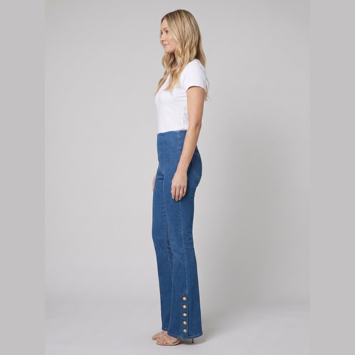 Kendra Flare Pants | Mid-Wash Stretch Denim, Flared Leg