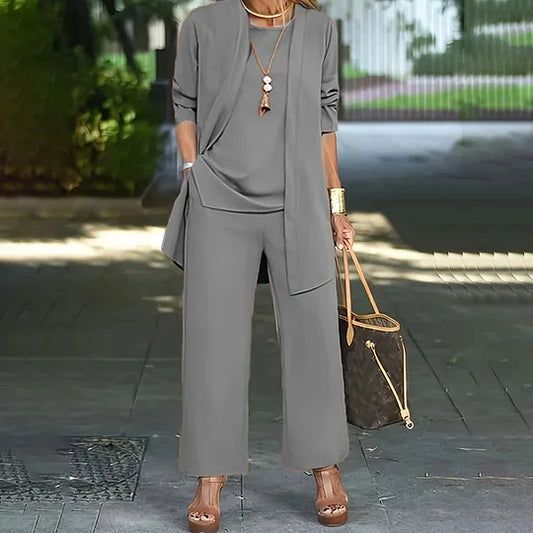 Laney Elegant Casual Three-Piece Set | Coordinated Top, Cardigan & Wide-Leg Trousers