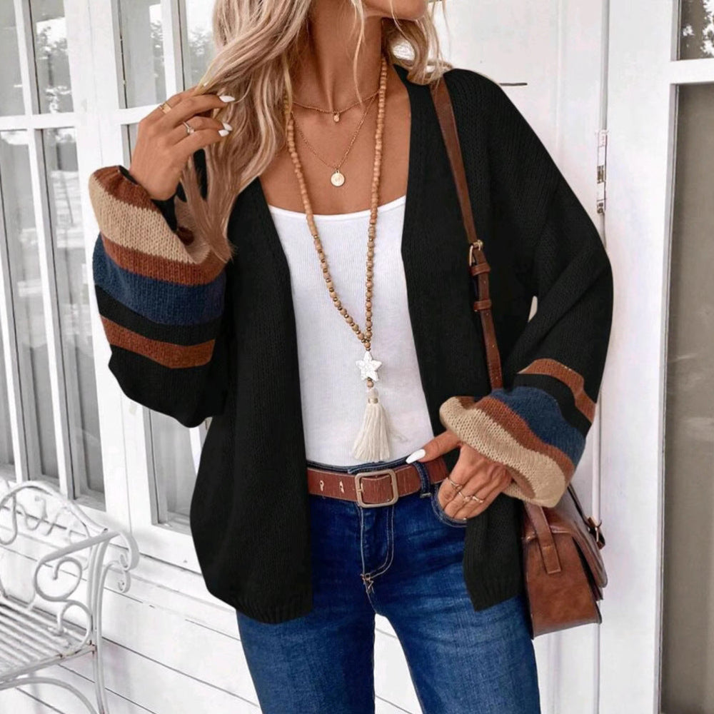 Mona | Striped Lantern Sleeve Open-Front Cardigan